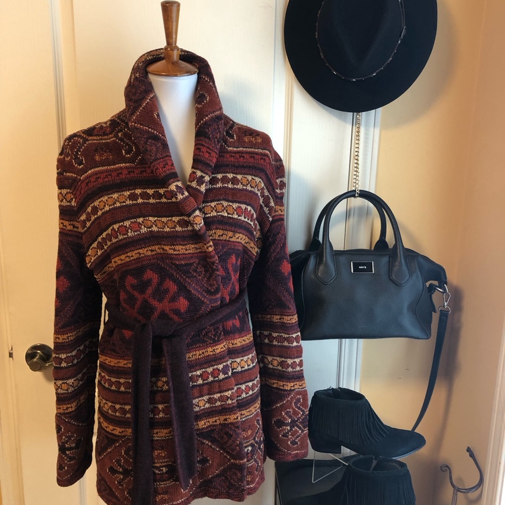 Ralph Lauren vintage blanket Rust Red Patterned Shawl-Collar Belted Cardigan